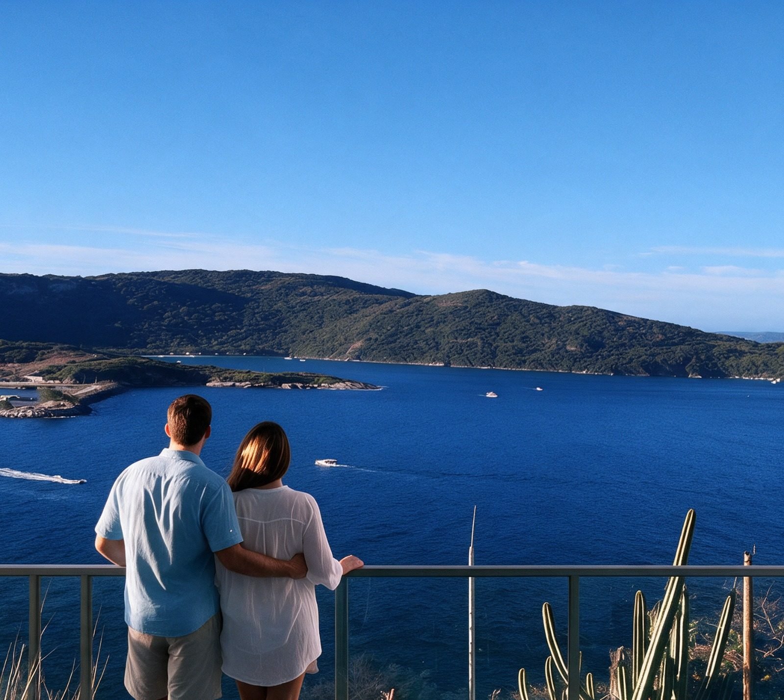 Casal abraçado olhando a baía e o morro ao fundo