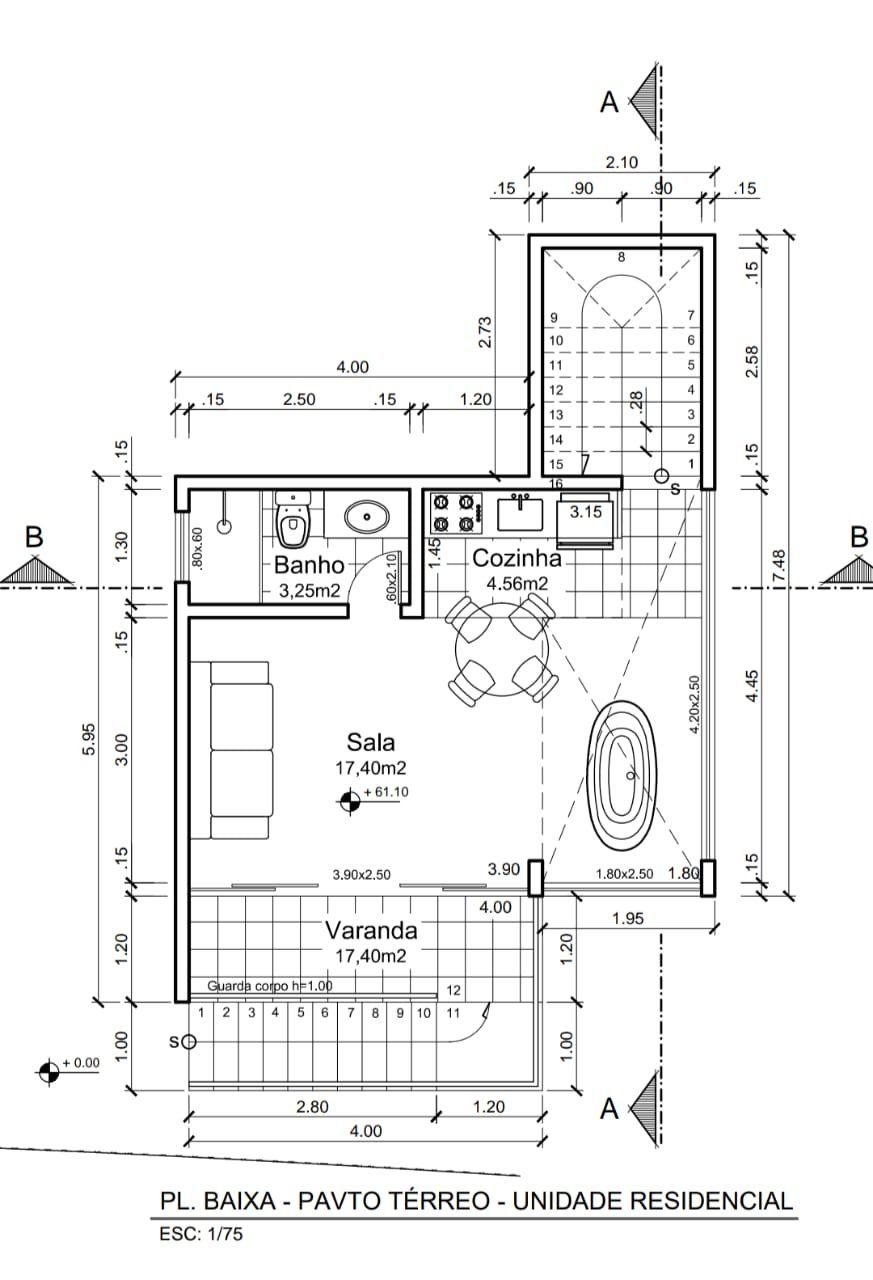 Planta baixa do pavimento térreo: sala, cozinha, banho e varanda