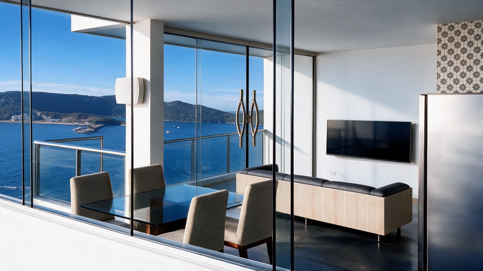 Sala e jantar integrados com vista para o mar